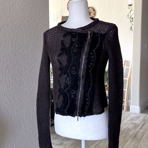 Free People Femme Fatale Moto Knit Shacket Brown Black Zip Zip S Retro - Picture 1 of 14